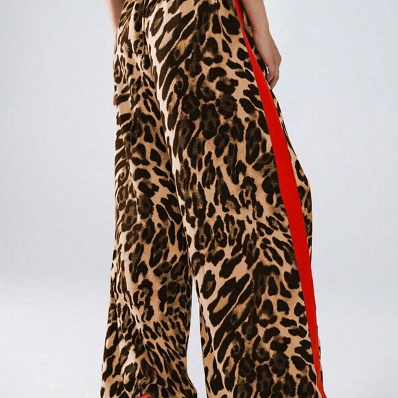 Yellow Casual Women's Leopard Print Color Block Loose Long Pants - Picture 3 of 5